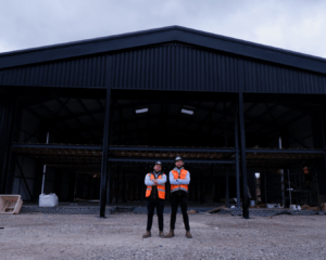 Oliver and Samuel Crooks on-site in 2025 as construction progressed on Cawarden’s new Castle Donington headquarters.